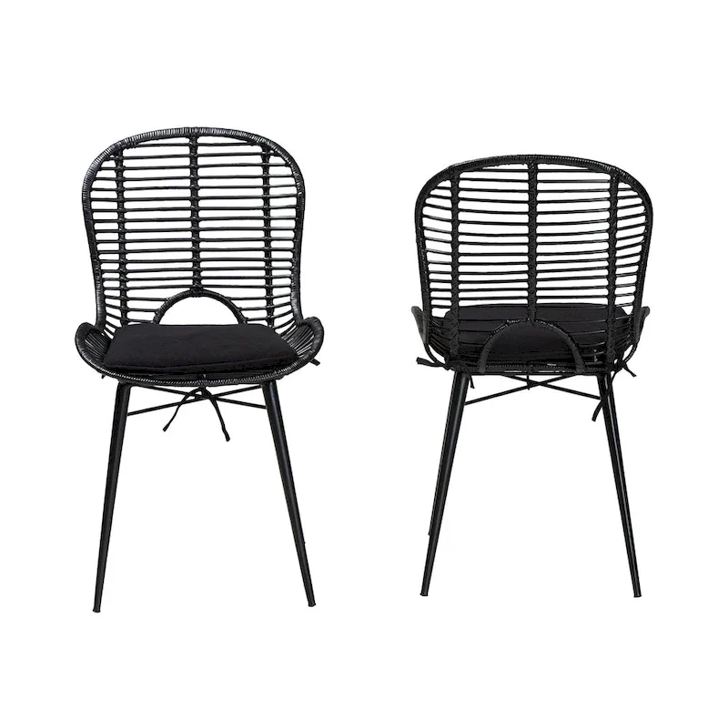 Modern Bohemian Rattan and Metal 2-Piece Dining Chair Set