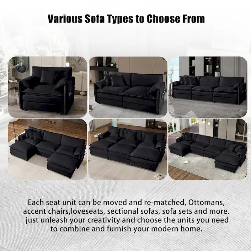 109.45 Chenille Upholstered 3-Seater Sleeper Modular Sectional Sofa with Double-Layer Cushions, DIY Combination