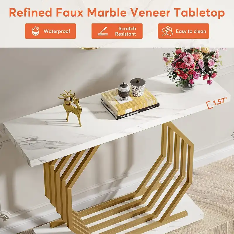 Gold Console Table, Faux Marble Entryway Table Narrow Sofa Table with Geometric Metal Base, 40 Inch Modern Accent Table