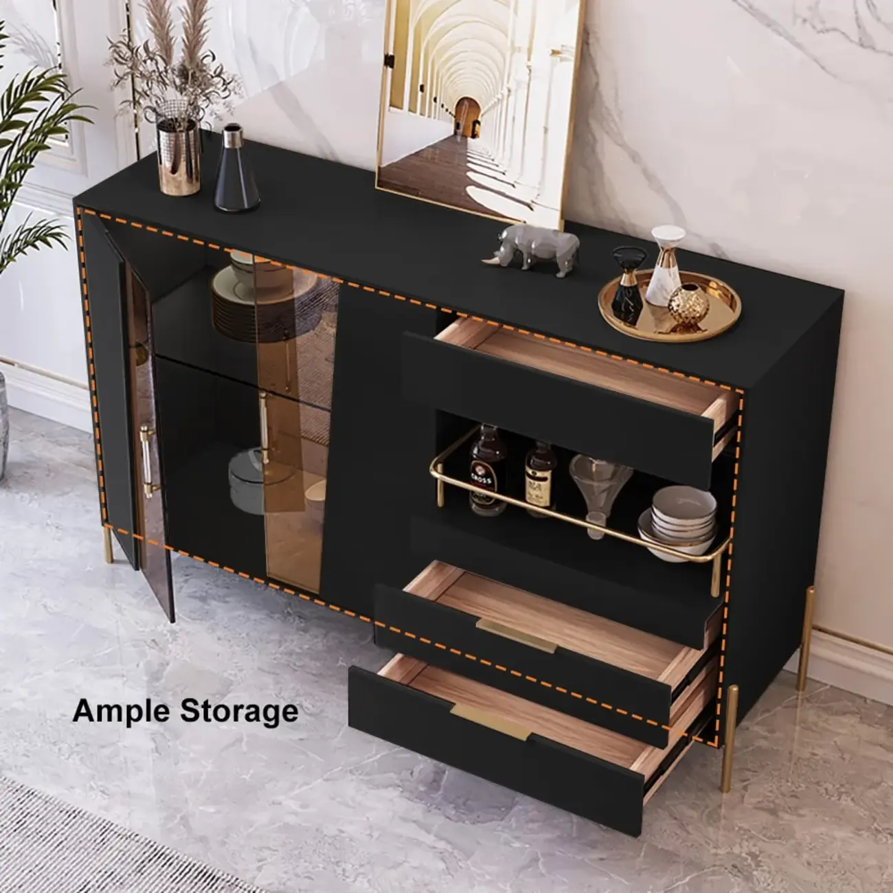 Modish Black Wooden Lighted Open Shelving Buffet Cabinet