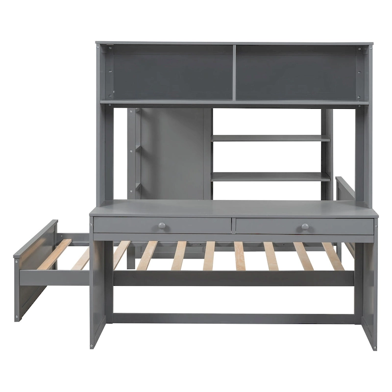 Full size Loft Bed with a twin size Stand-alone bed, Shelves,Desk,and Wardrobe-Espresso