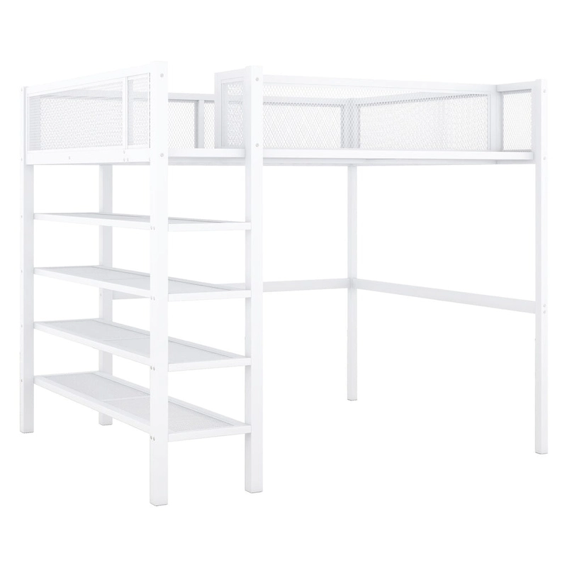 White Metal Loft Bed with 4-Tier Shelves and Storage