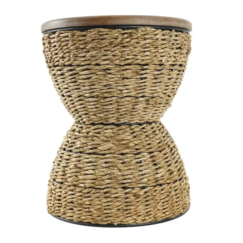 Rattan Handmade Woven Side End Accent Table with Wood Tabletop and Black Frame - Light Brown or Brown