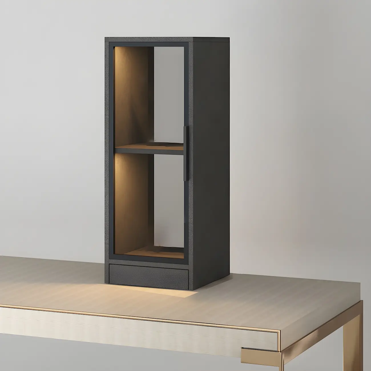 Square 2-Shelf Black Wooden Display Cabinet with Light