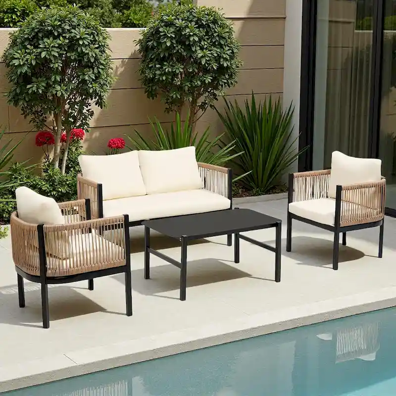 4-Piece Outdoor Patio Iron Conversation Sofa Set with Tempered Glass Coffee Table