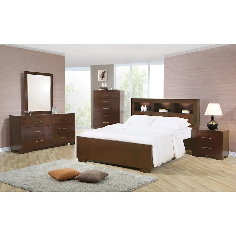Wood Bed with Bookcase Headboard in Cappuccino