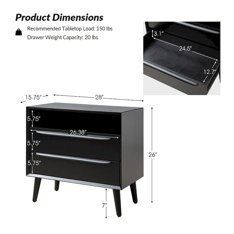 Mid-century Modern 2 - Drawer Nightstand with Built-In Outlets and USB