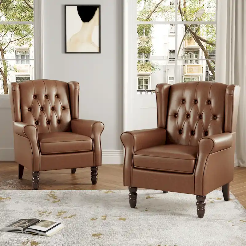 Set of 2 Vegan Leather Upholstered Button Tufted Accent Chair