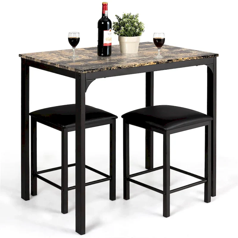 3 Piece Counter Height Dining Set Faux Marble Table 2 Chairs