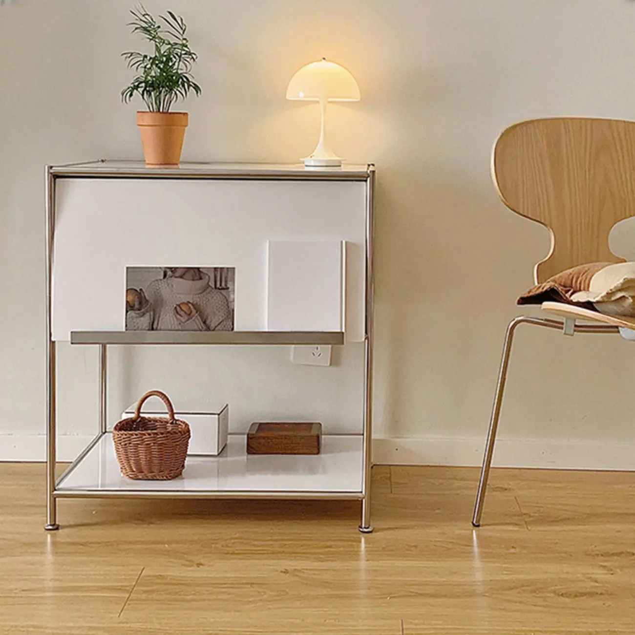 Modern Steel Nightstand with Drawer and Open Shelf