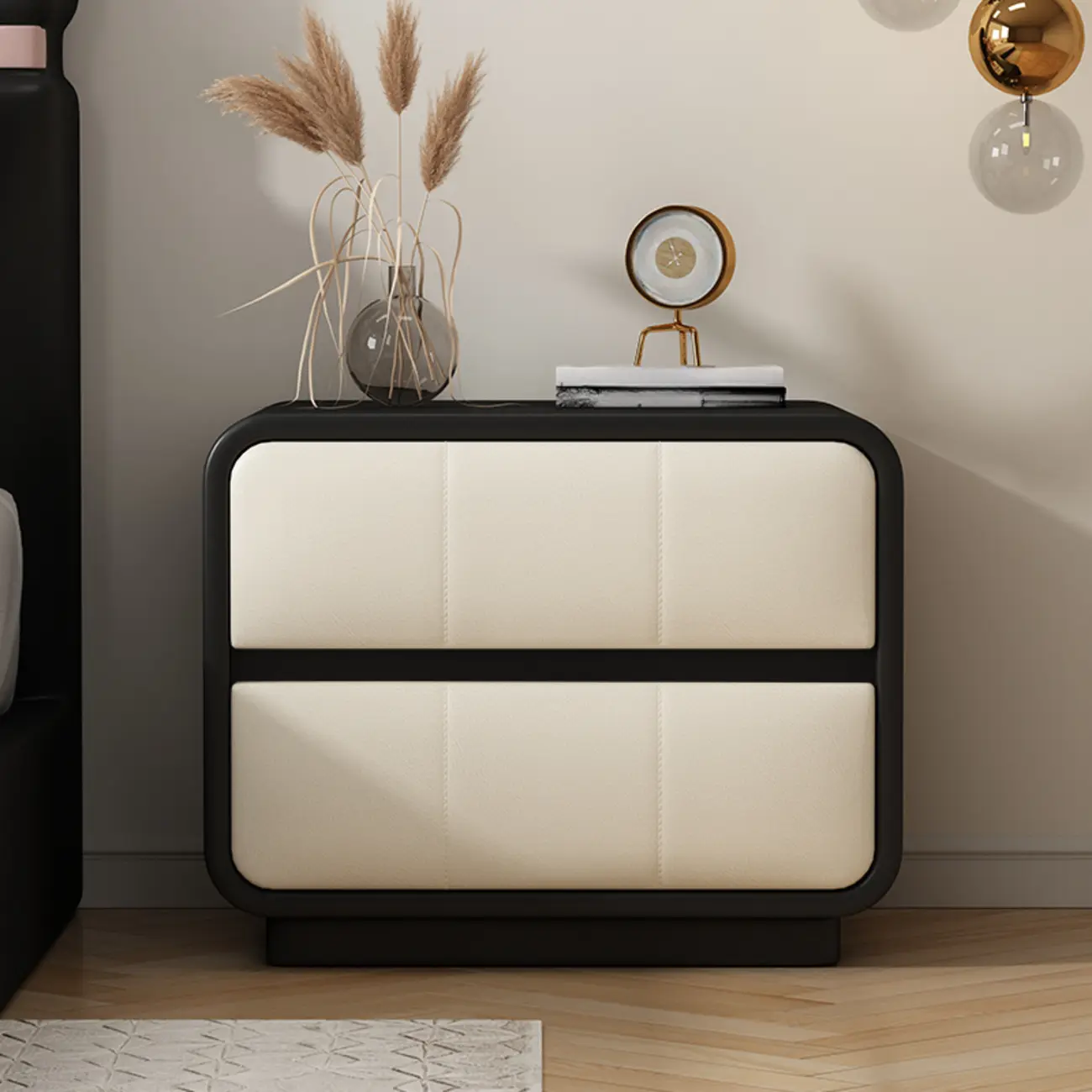Modern Leather Wood Soft-Line 2 Drawer Nightstand