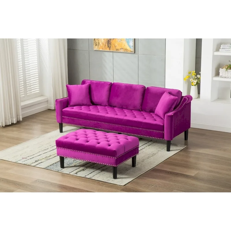 Modern Tufted Fabric Upholstered Sofa with Ottoman