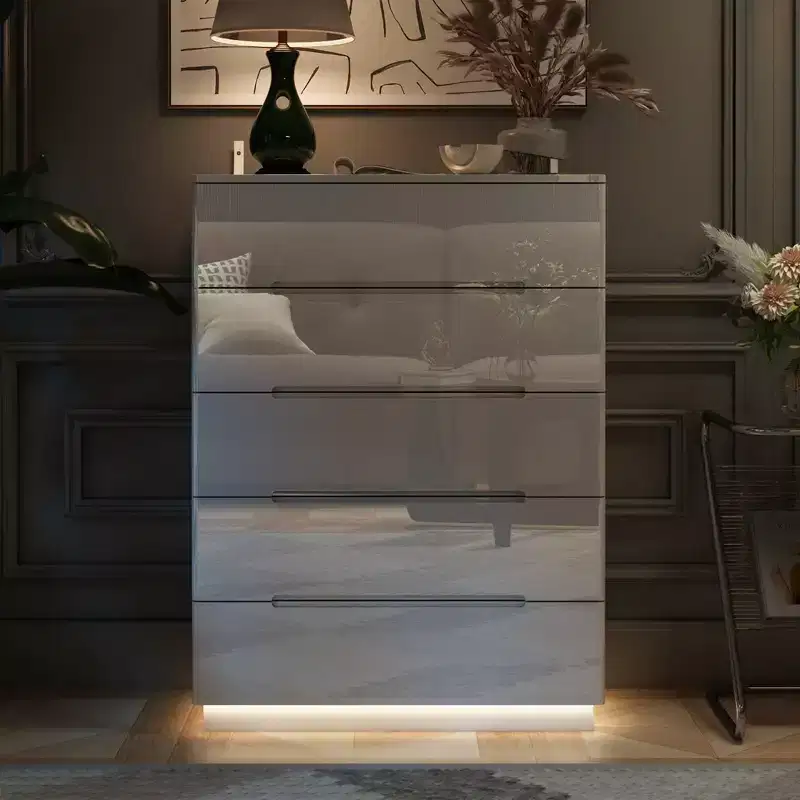 Hitow High Gloss 5 Drawer Dresser with Underlight Concealed Handle Chest of Drawers