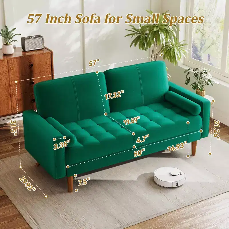 Dyonery 67 Sofa Velvet Loveseat Couch Mid Century Modern Sofa Couch with Solid Wood Legs Beige