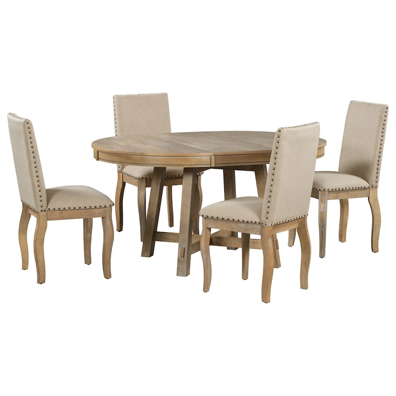 5 Piece Dining Table Set, Wooden Round Kitchen Dining Table Set with Extendable Dining Table and 4 Upholstered Dining Chairs