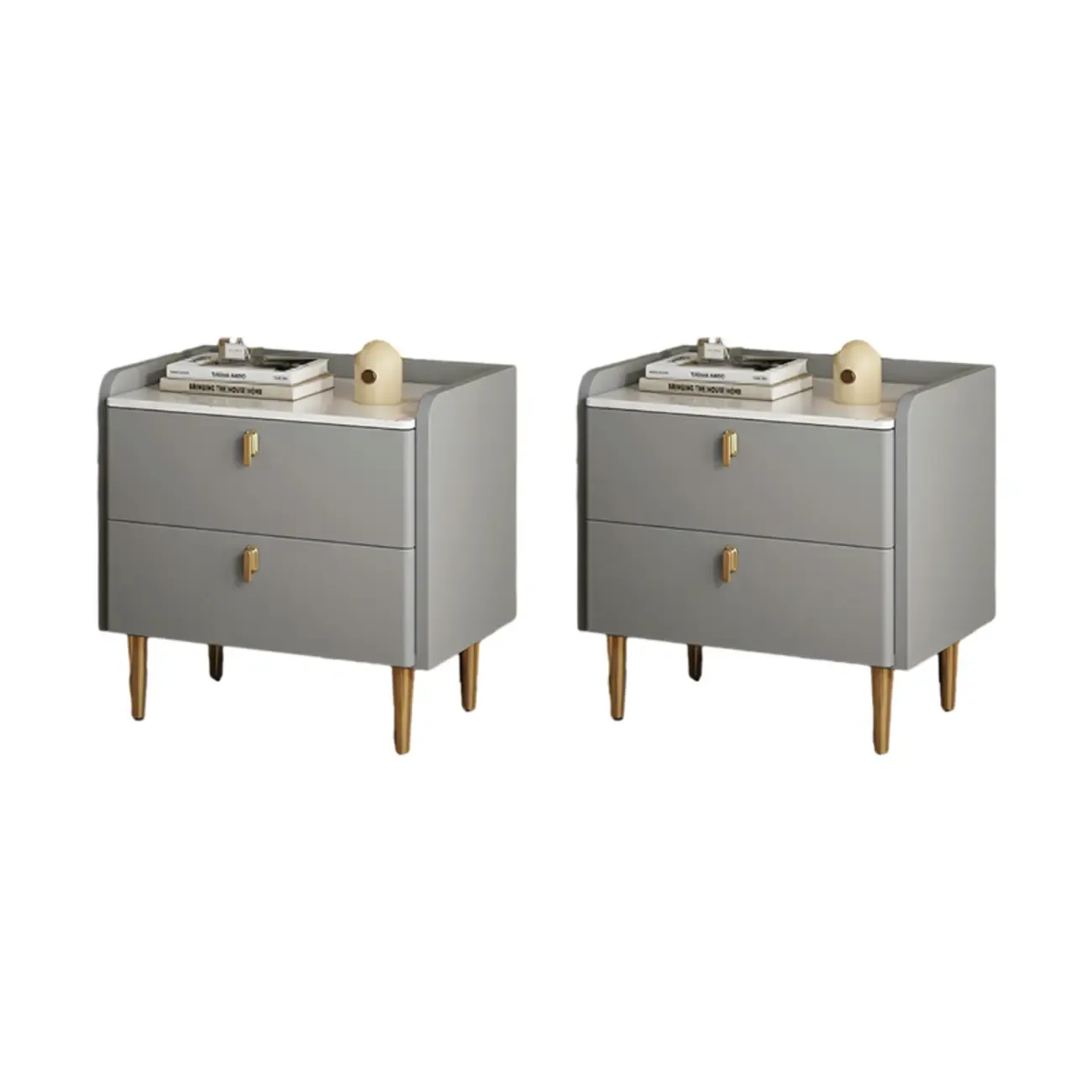 Modern Leather Stone Top Gold Accents 2-Drawer Nightstand