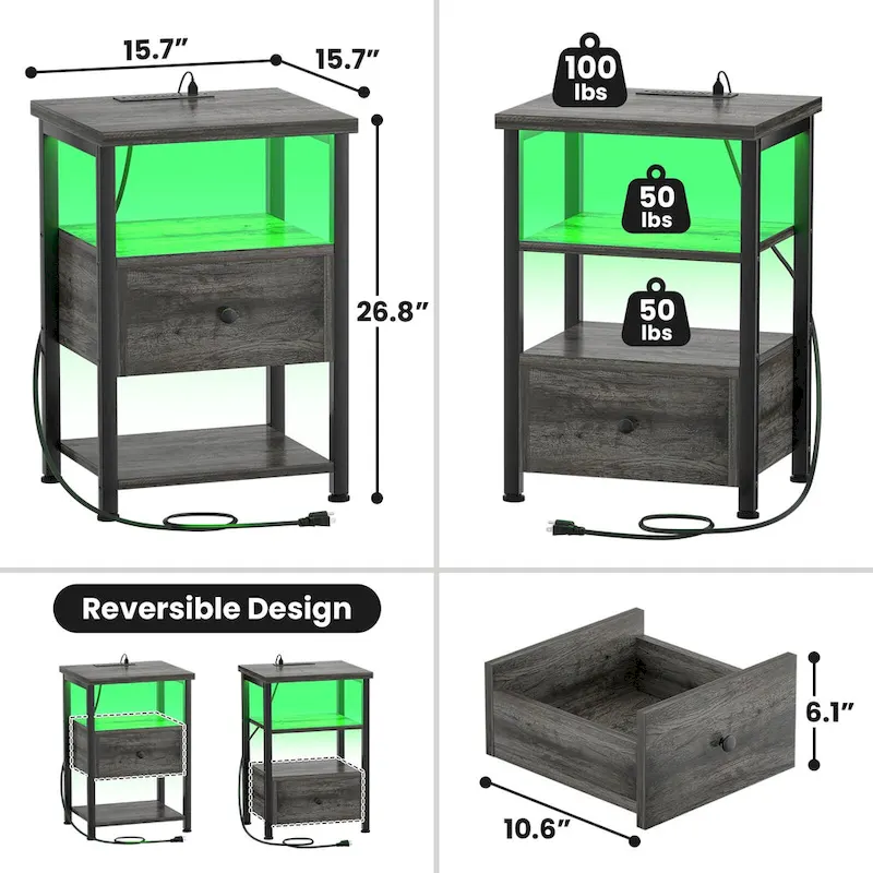 Set of 2 Nightstand with Charge Station and LED Light, End Table with Drawers