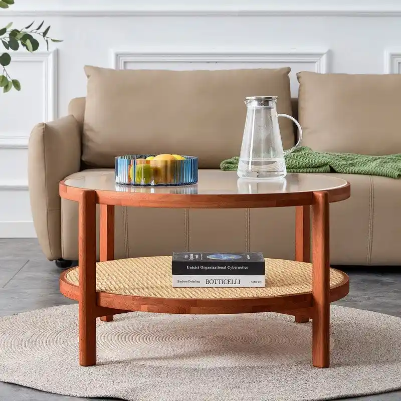 Modern Minimalist Glass Circular Double-layer Solid Wood Coffee Table
