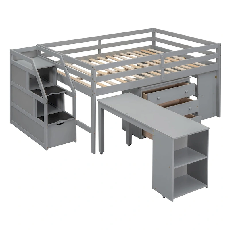 Gray Full Size Solid Wood Loft Bed with Retractable Desk, Storage Stairs, Storage Drawers, and Shelves