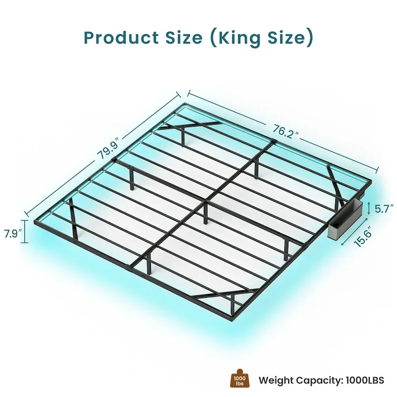 Modern Floating Bed with LED Lights, Charging Station & Metal Frame