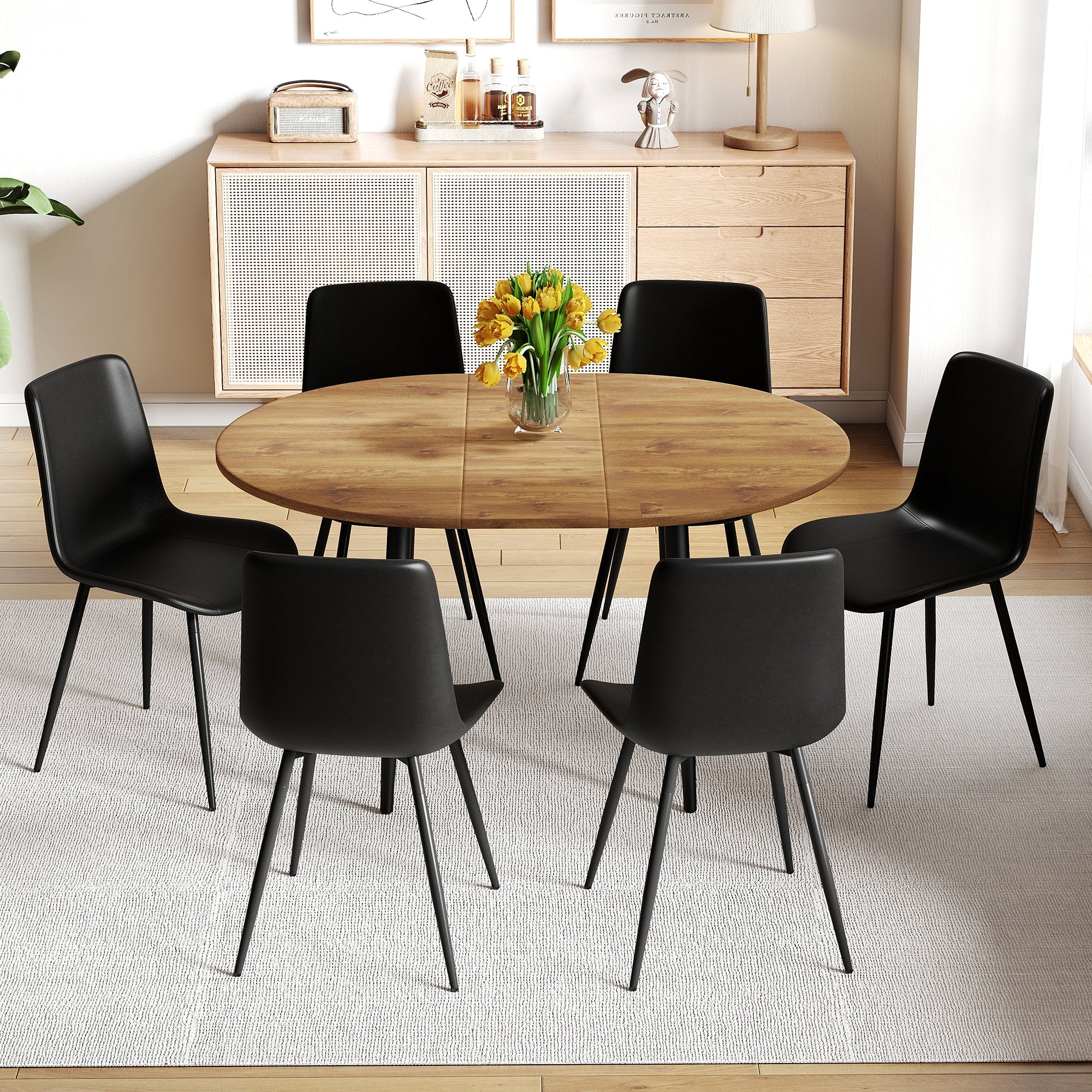 Modern Extendable Dining Table Set for 6 with PU Chairs