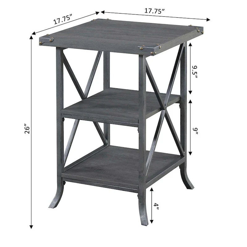 18-Inch End Table with Shelves, Hammered Metal Frame, Grooved Top Panel, Scrolled Feet for Living Room