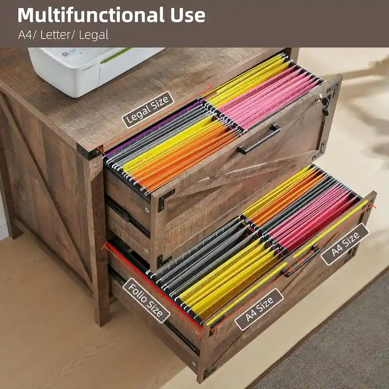 Farmhouse 2 Drawer File Cabinet, Lateral Filing Cabinet with Lock