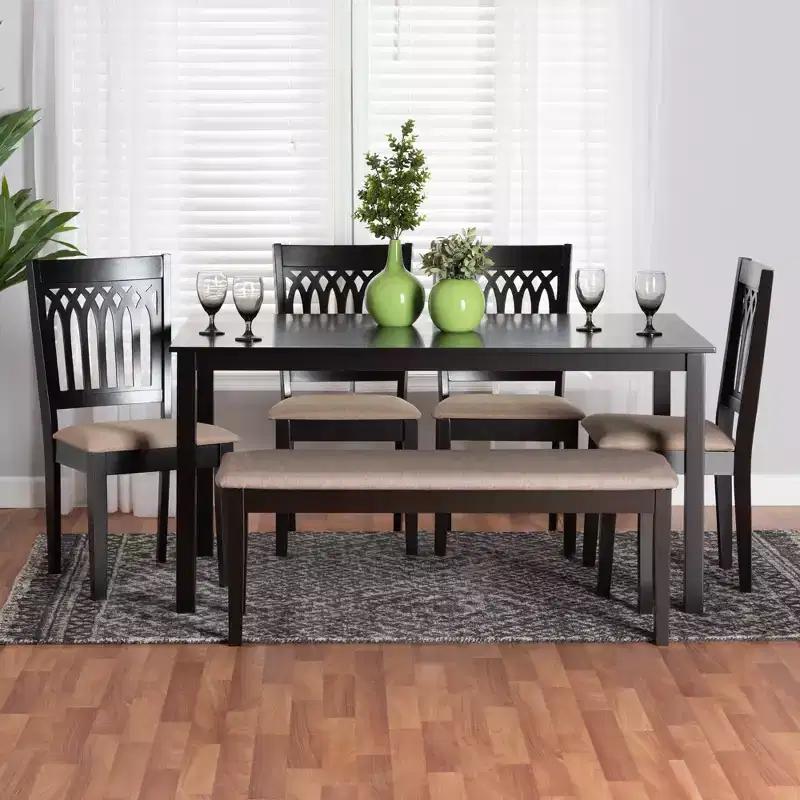 Modern Fabric & Wood Dining Set for 6 – 4 Chairs + Bench + Table