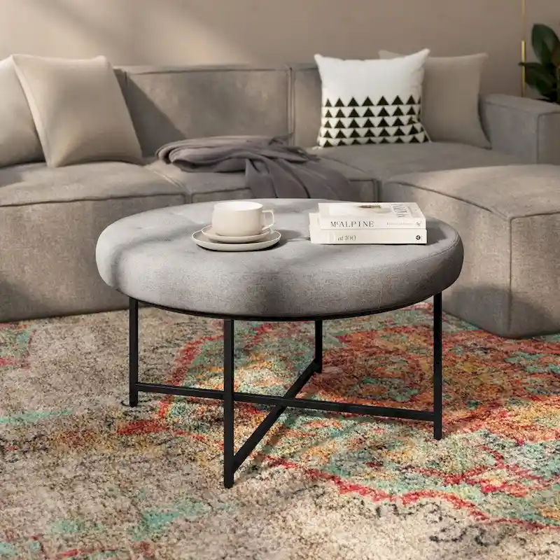 Tufted Round Cotton Linen Ottoman with Iron Frame