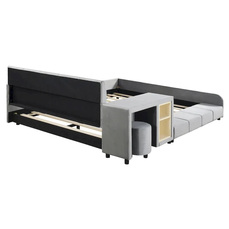 Upholstered Grounded Bed Mother & Child Bed with Bedside Desk and Little Round Stool