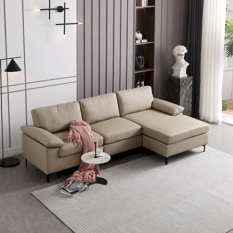 Reversible Chaise Sofa, Suede Fabric, Metal Legs, Spring Coils, Light Brown/Brown/Grey/Blue/Beige