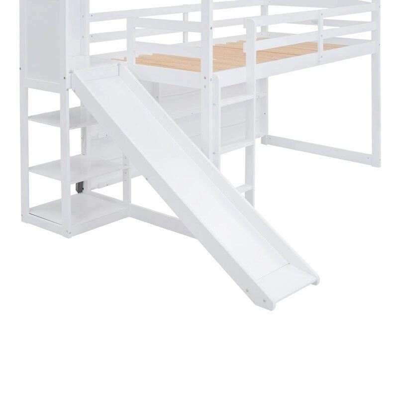 Twin Size Wood House Loft bed with Slide, Storage, and Light