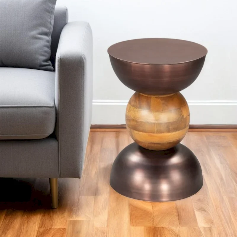 Round Pedestal End Table - Bronze & Brown, Iron & Solid Wood, 20W x 20.3H