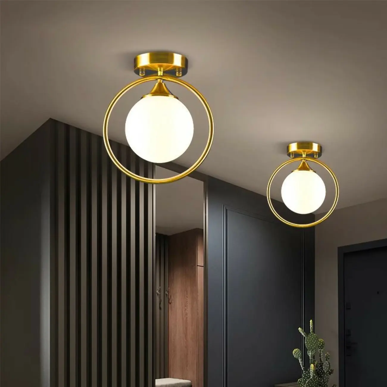 1-Light Circular Brass Glass Ball Semi Flush Ceiling Light