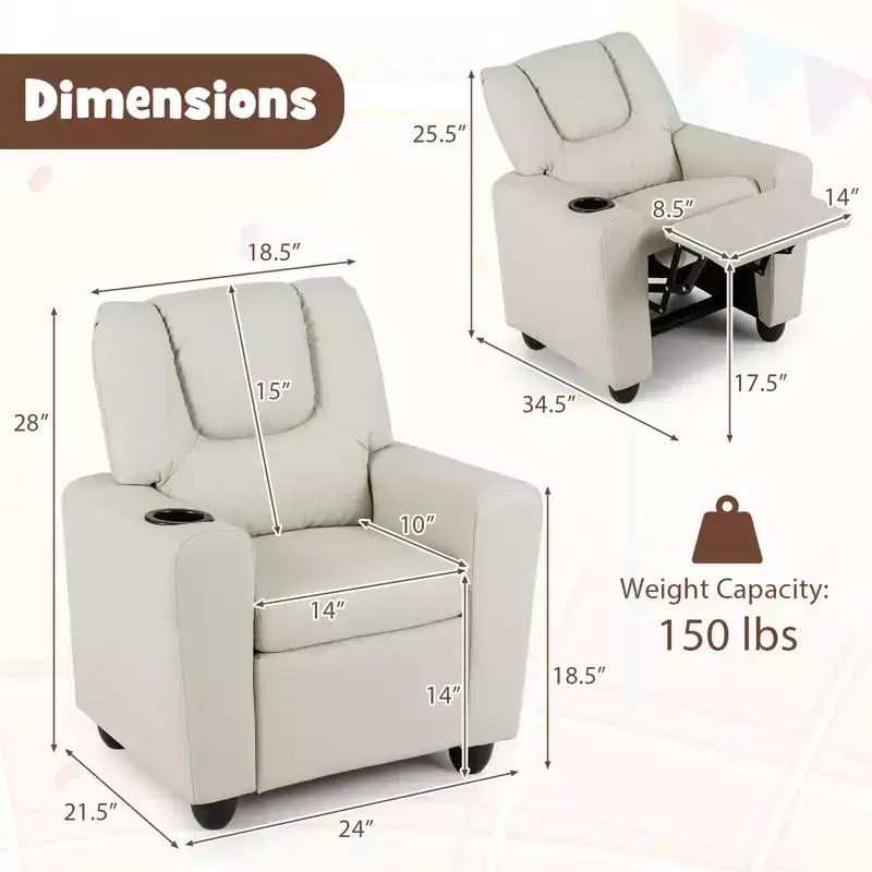 Kids Recliner Chair with Cup Holder – Beige / Black / Brown / Pink, Push-Back Style, 1-Seat