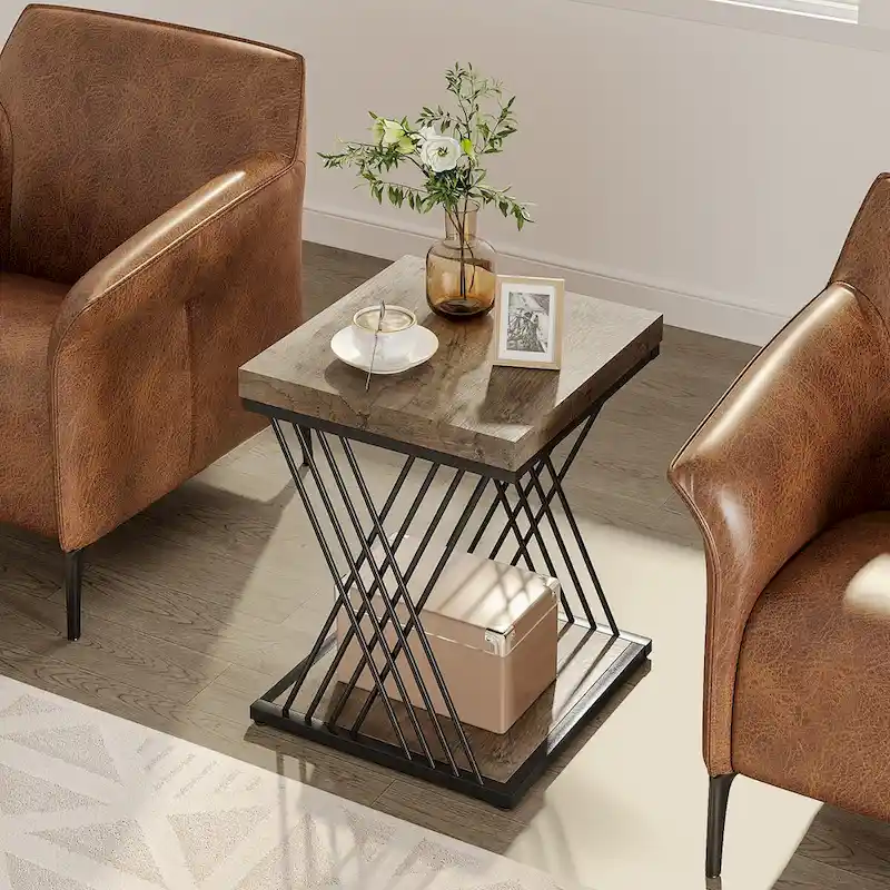 19.75 Inch Faux Marble Square End Table, Modern Bedside Tables, Gold Accent Table Living Room