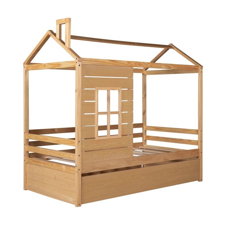 Twin Pine House Bed with Trundle, Guardrail, and Window