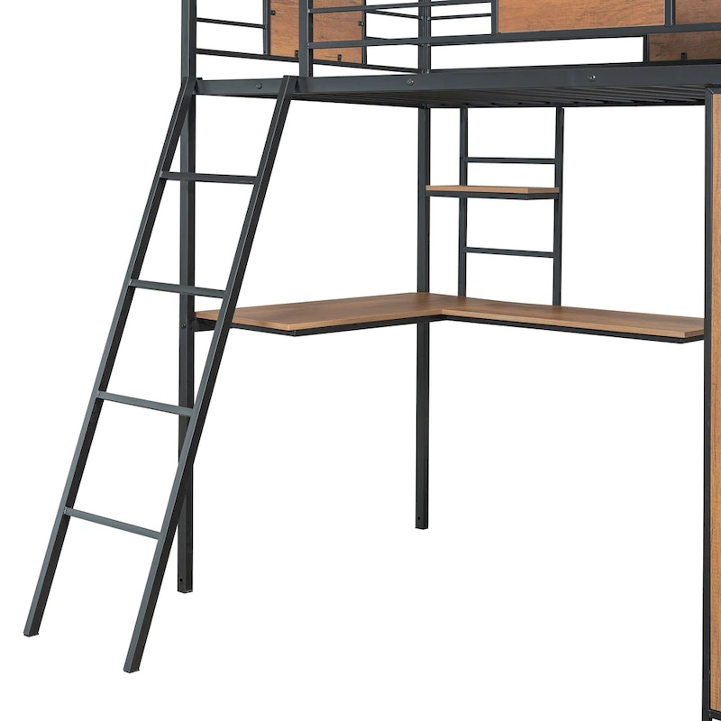 Black Twin Size Metal Wood Loft Bed with L-shaped Desk and Wardrobe