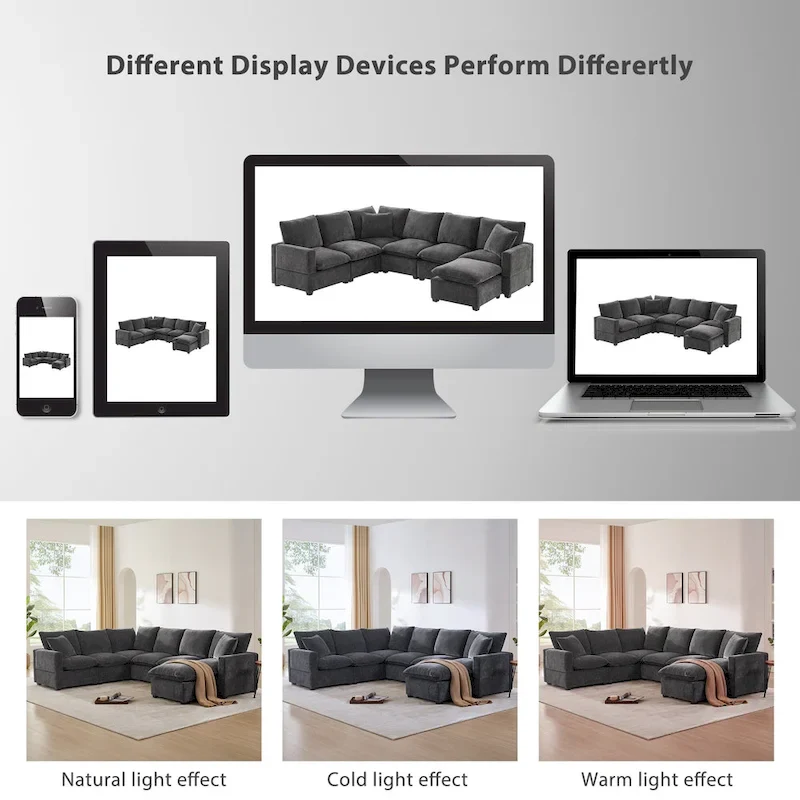 U Shape Modular Sofa, 7 Seat Chenille Sectional Upholstered Couch Set