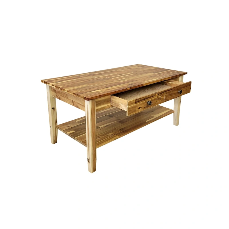 Solid Acacia Coffee Table with Drawer & Bottom Shelf