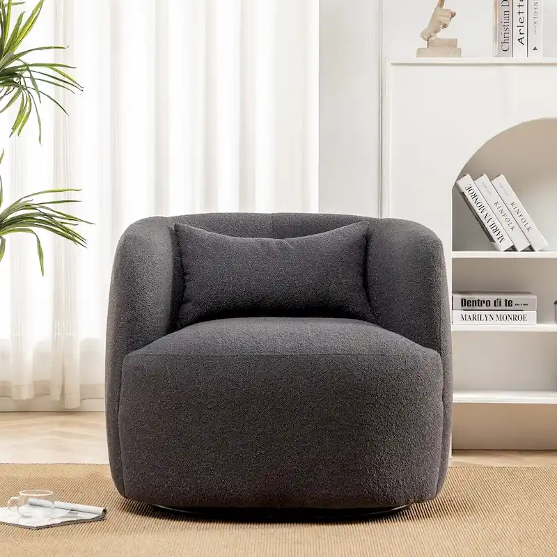 KINWELL 34 Poly Blend Boucle Fabric Upholstered Swivel Armchair