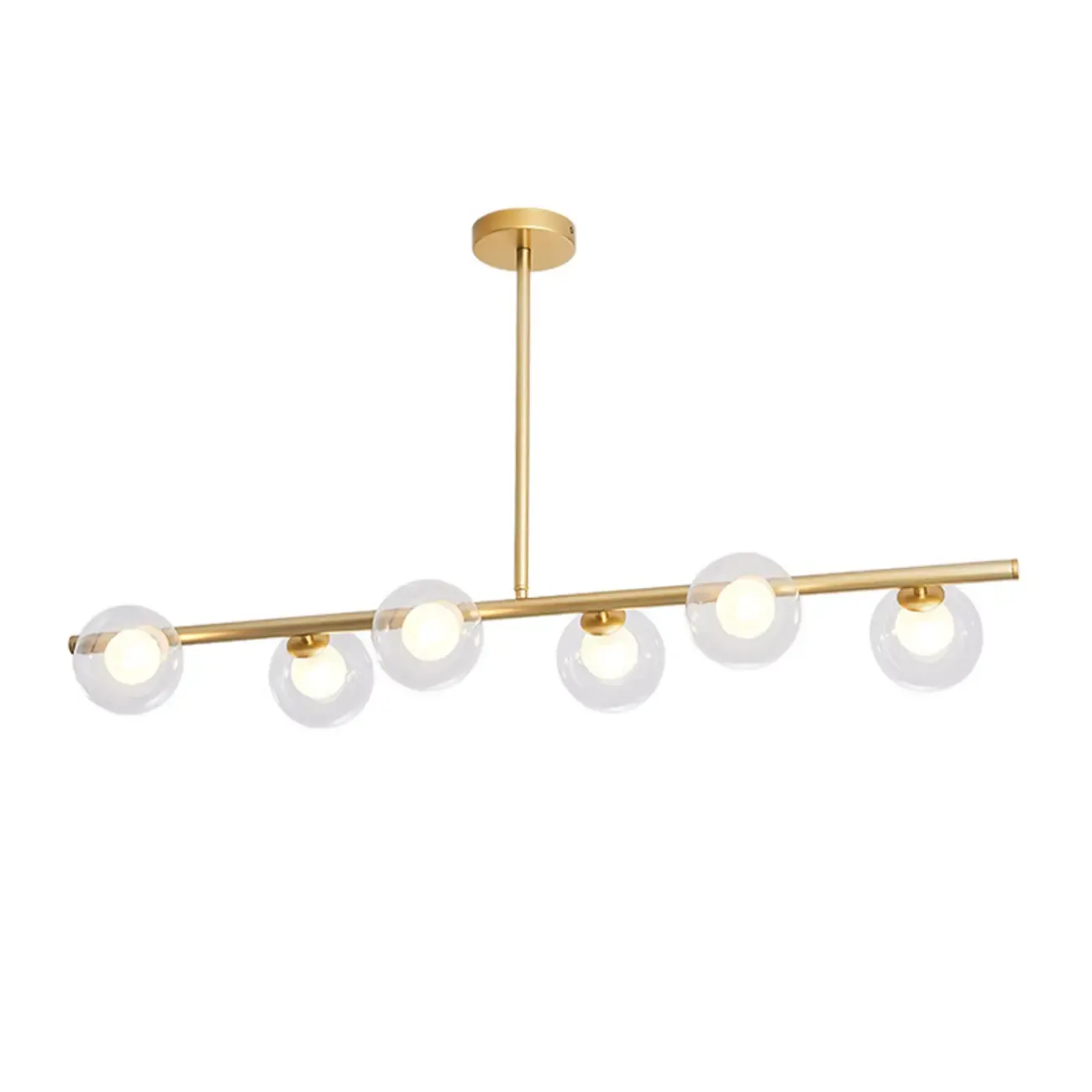 Gold Linear Island Light with 6 Lights Transparent Glass Globe Shades