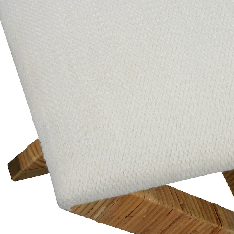 Upholstered Rattan X Shaped Base Small Bench - 19 - White and Brown