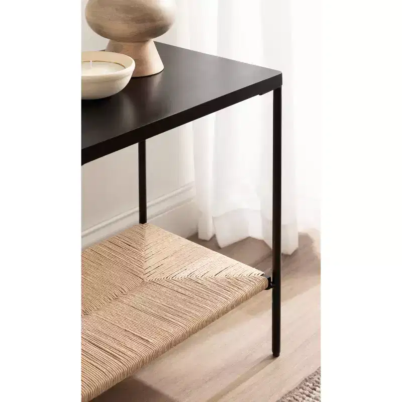 Kate and Laurel Mandell Wood and Natural Woven Side Table, 22x14x22, Natural and Black