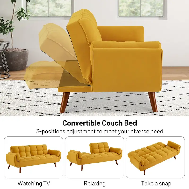 Convertible Futon Sofa Bed, Tufted Linen, Wood Legs, 3-Position Backrest, 500 lbs, Seats 2, Beige/Grey/Green/Yellow