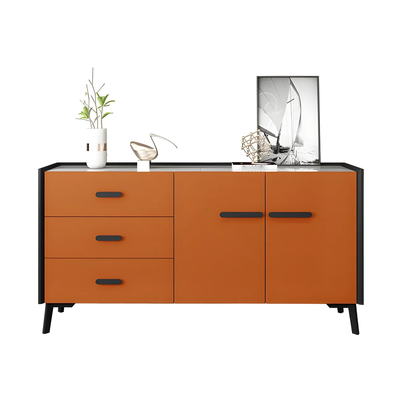Modern Pine Sideboard with Drawers and Cabinets in Grey/Orange