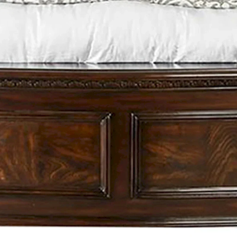 Eastern King Wooden Bed with Intricate Carved Headboard, Brown