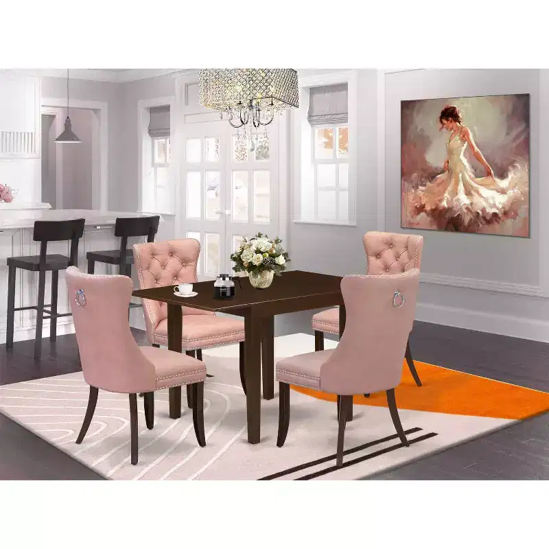 5-Piece Mahogany Finish Solid Wood Top Rectangular Upholstered Dining Room Set (Seats-4)