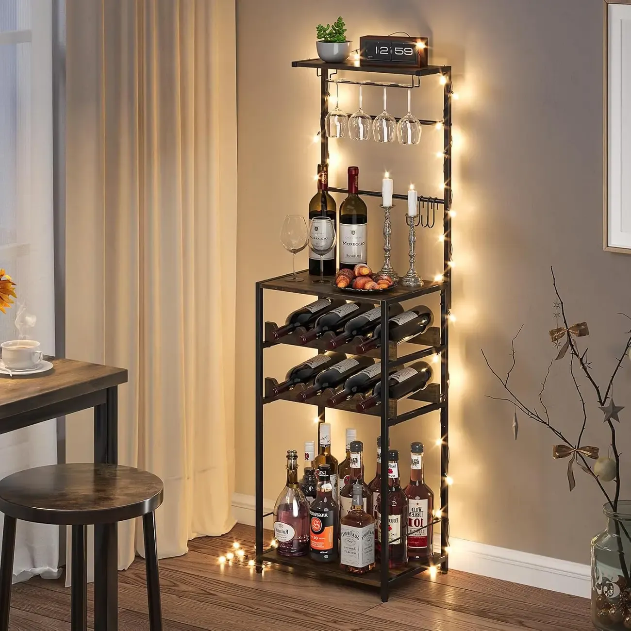 5-Tier Freestanding Wine Rack with Glass Holders and Hooks