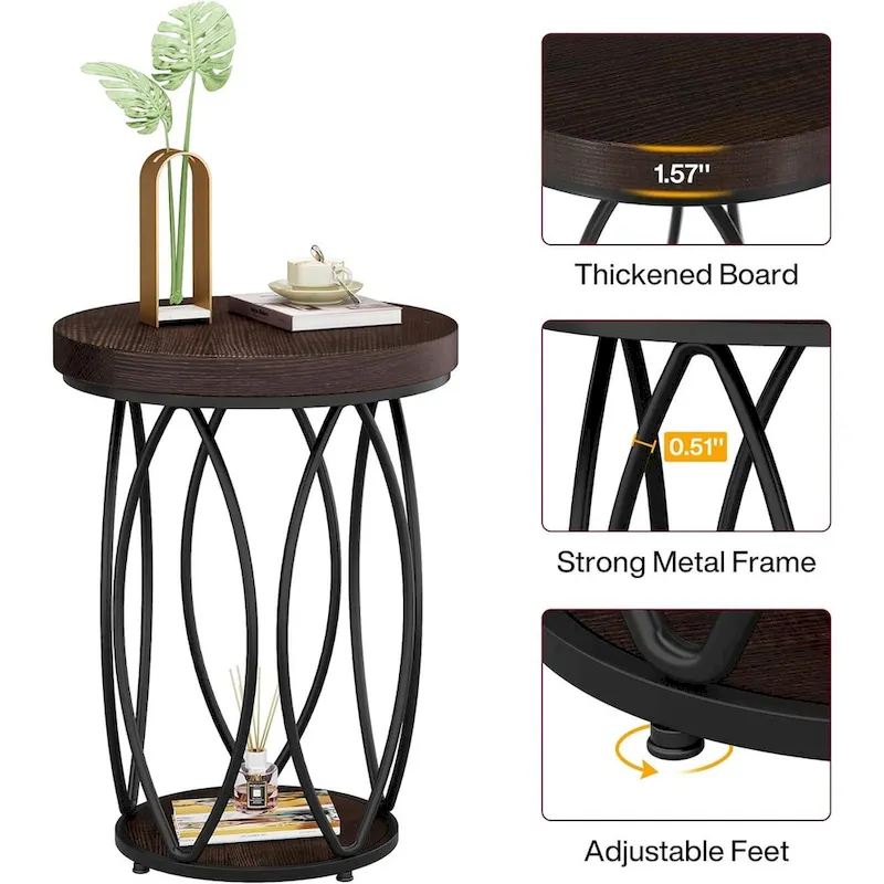 Industrial Round Side Table, Small End Table with Metal Frame
